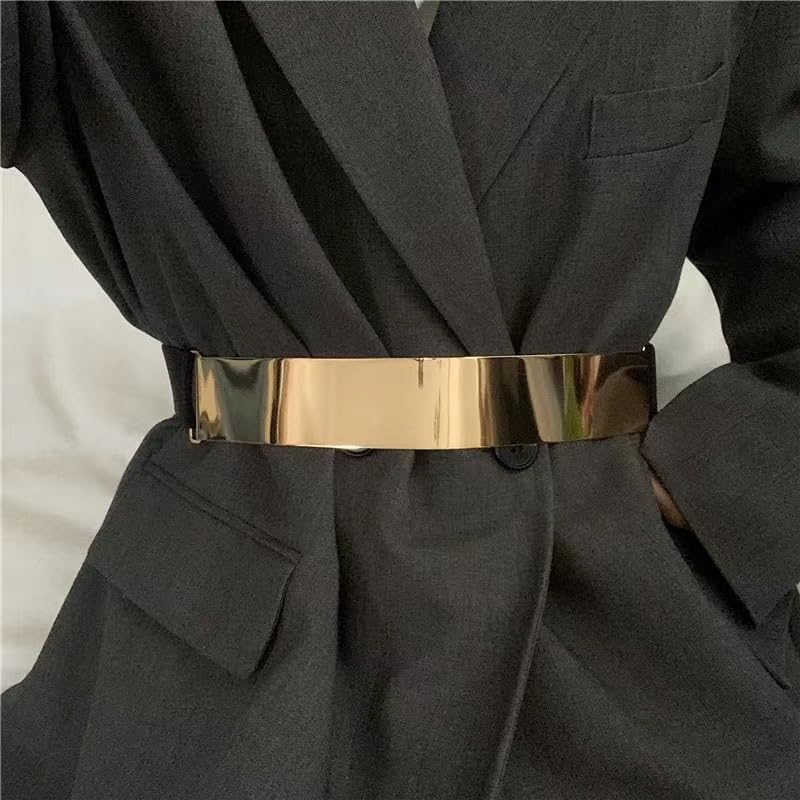 Women's Elasticated Leather Belt, 1.6' (4cm) Glossy Wide Metal Belt, Alloy Locking Buckle Belt Decoration3