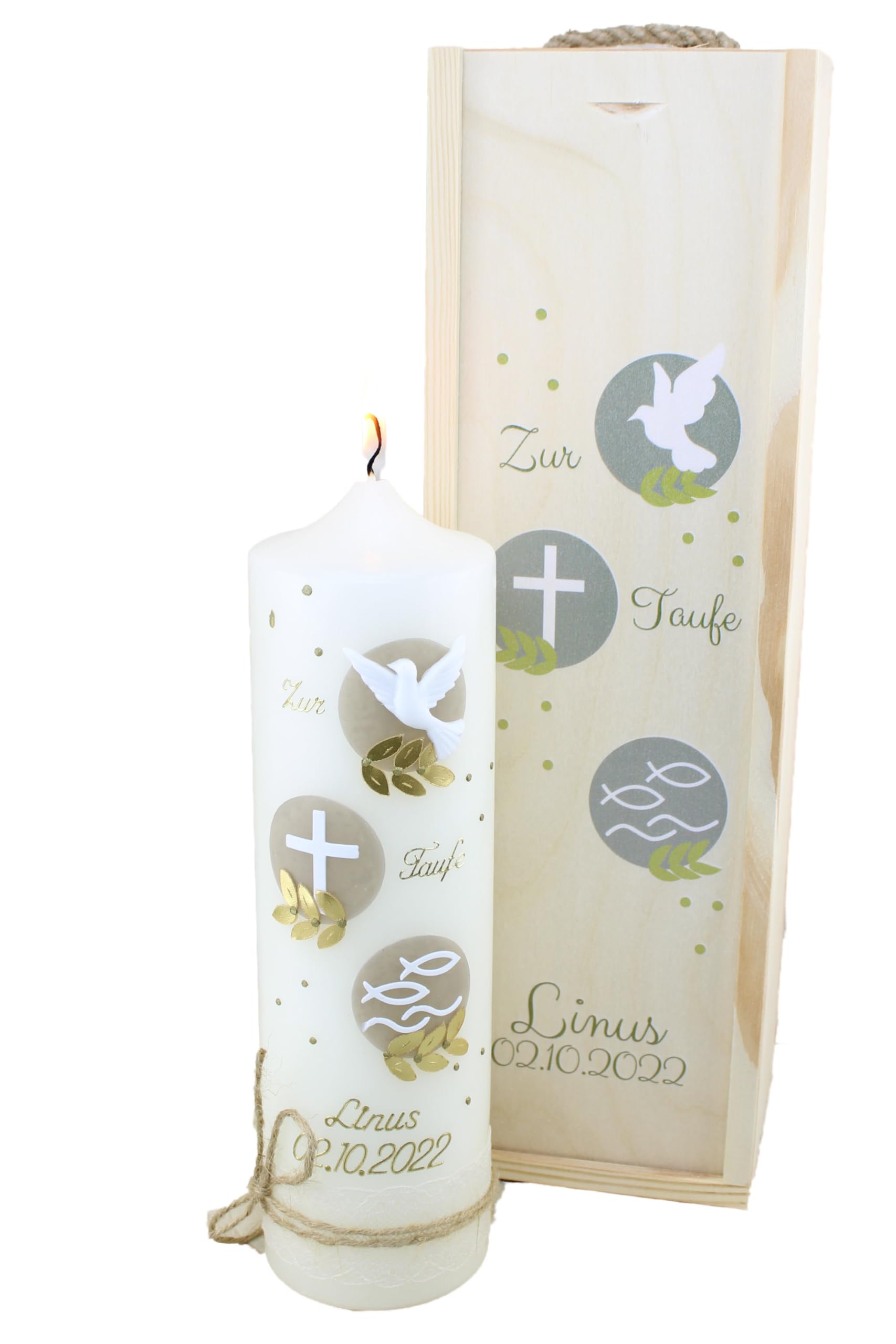 Set Taufkerze mit Kerzenbox Linus Junge oder Mädchen mit Name und Datum, individuell und handverziert 2375