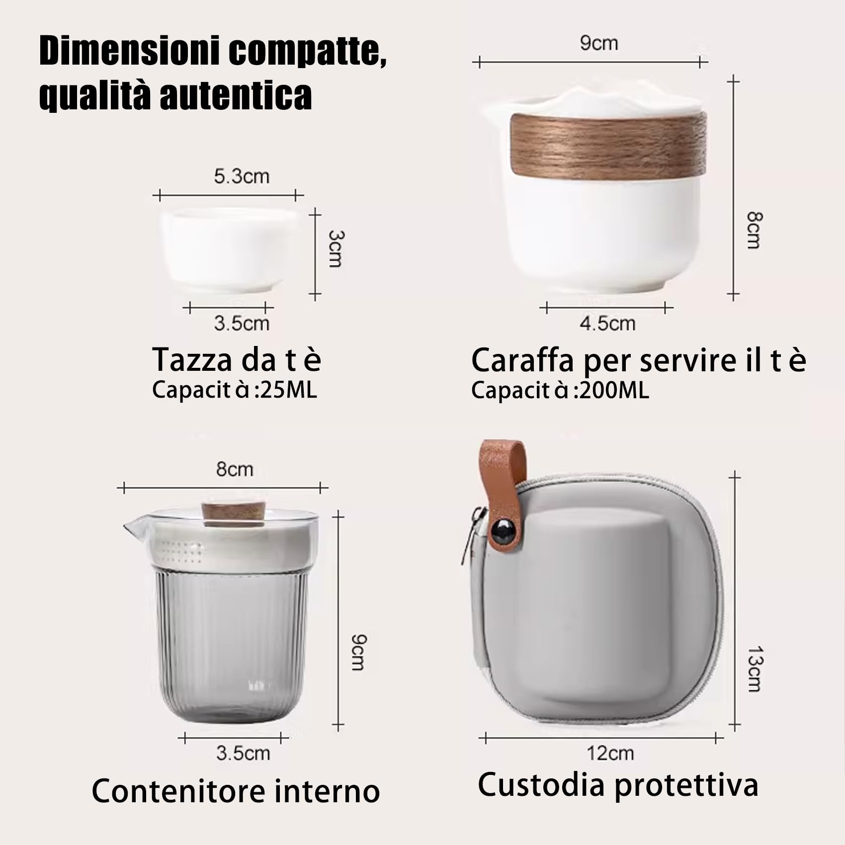 SINOTÈCА Set da Tè da Viaggio Portatile – Servizio da Tè Kung Fu con Teiera in Vetro 120ml, Caraffa in Ceramica 200ml, 3 Tazzine 25ml, Pomello in Legno di Noce, Custodia Rigida Antiurto Inclusa