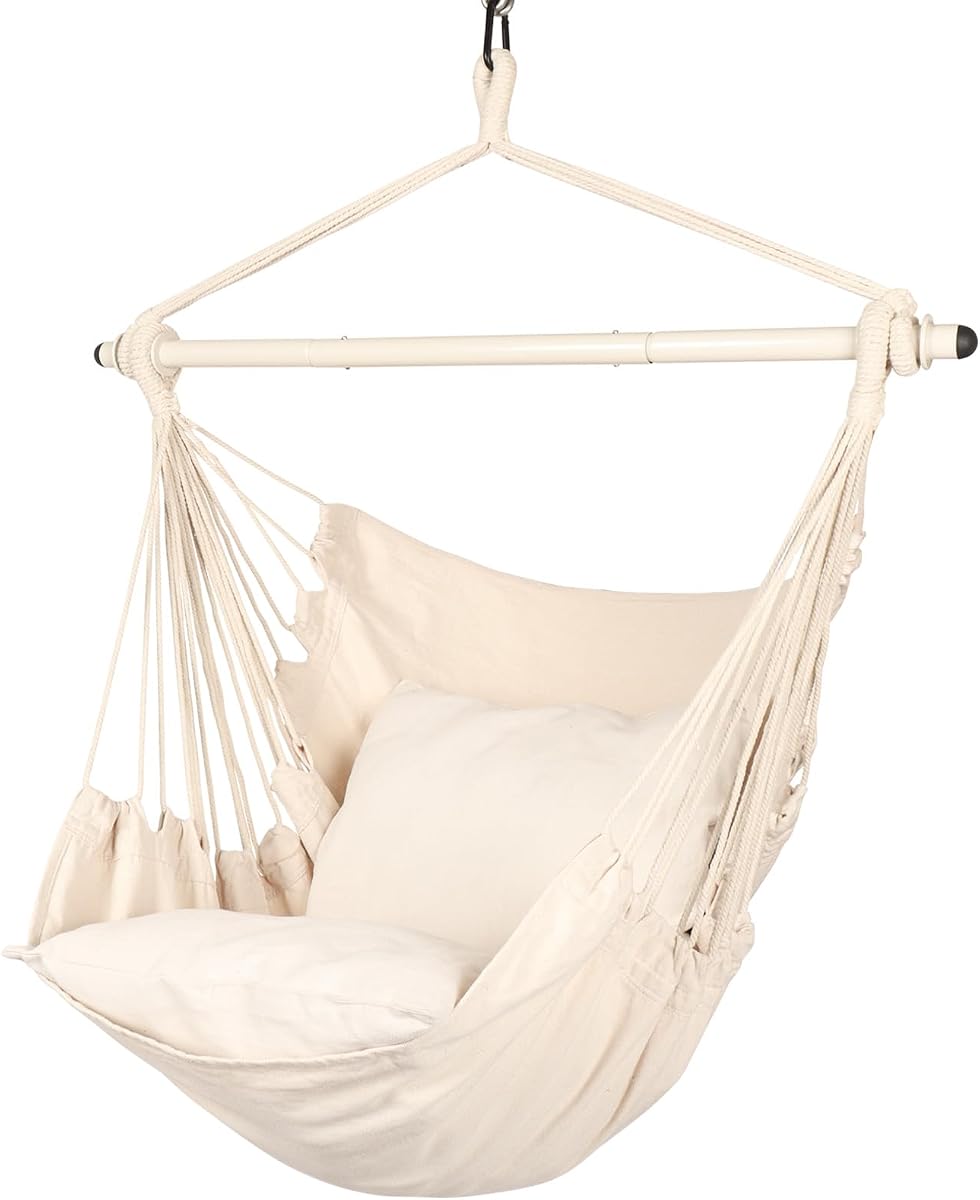 Highwild Hamaca Columpio de Cuerda para Colgar - Máximo 500 Libras - 2 Cojines Incluidos - Barra Separadora de Acero con Anillos Antideslizantes - para Cualquier Espacio Interior o Exterior (Beige)