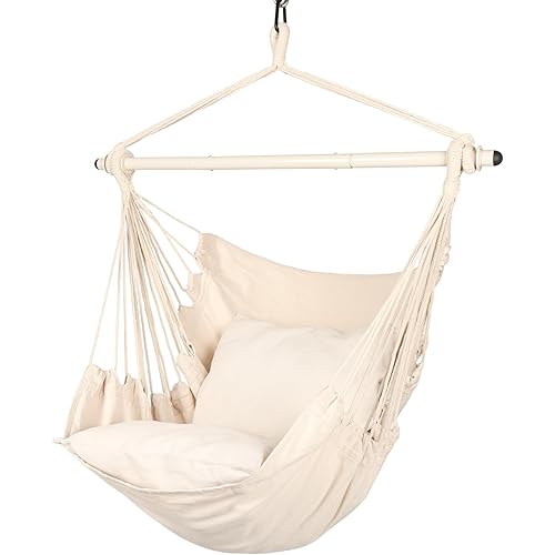 Highwild Hammock Chair Hanging Rope Swing - Max 500 Lbs - 2 Cushions Included - Steel Spreader Bar with Anti-Slip Rings - for Any Indoor or Outdoor Spaces (Beige)