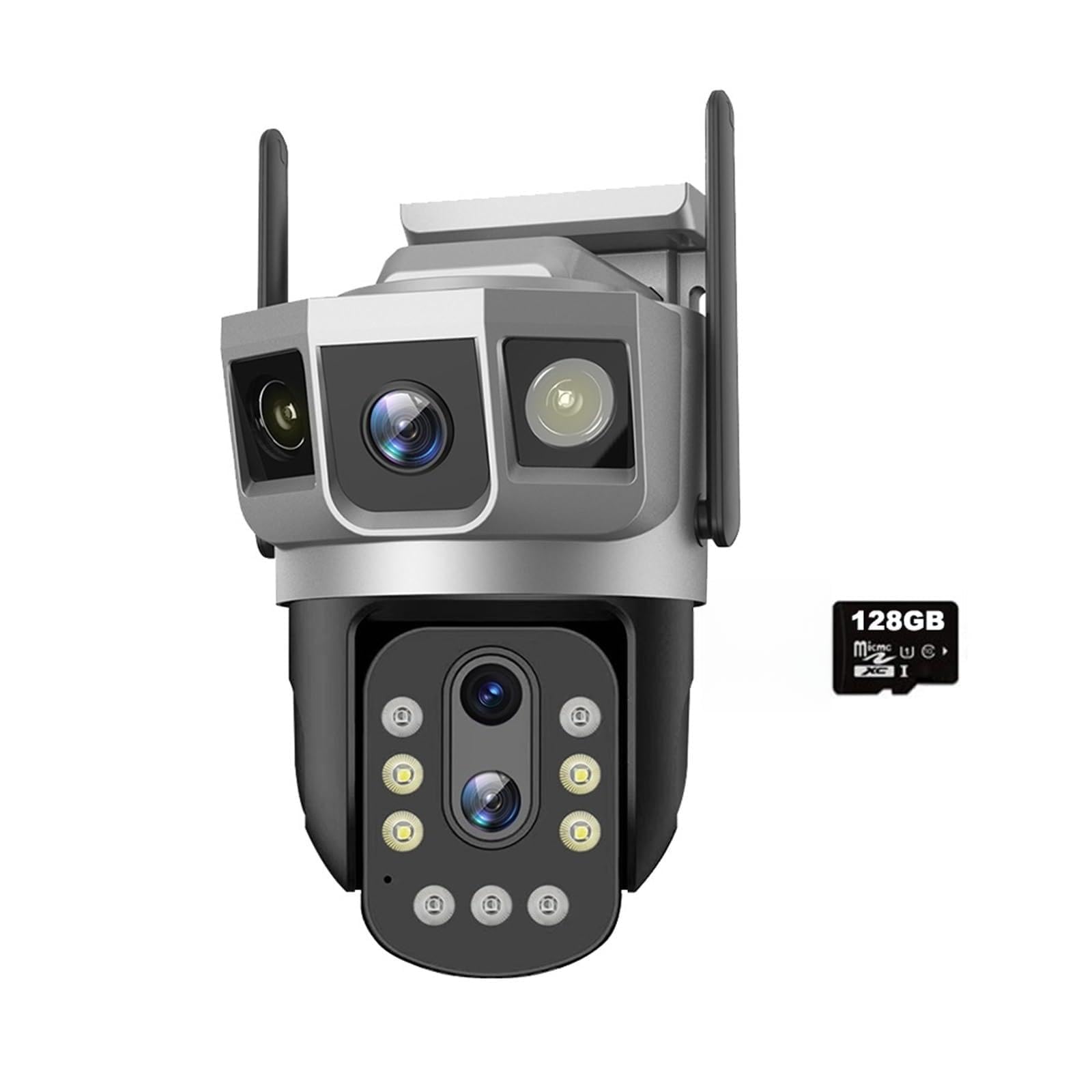 Telecamera di sicurezza, Telecamera IP 4G/WiFi a tre schermi da 2 MP, zoom ottico 10x, PTZ, monitoraggio automatico, visione notturna a colori, protezione di sicurezza wireless, monitor(128GB Card)
