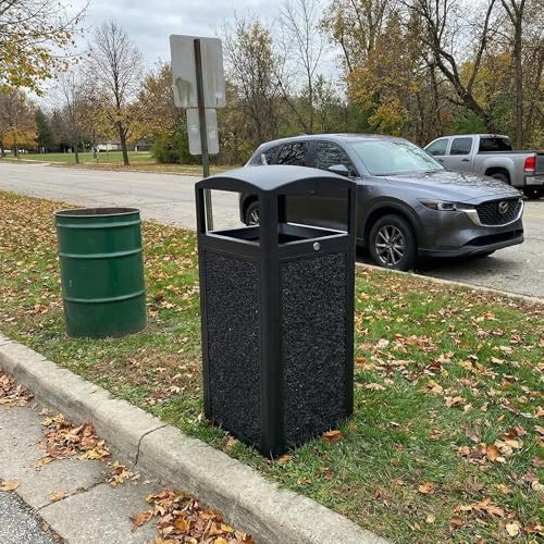 Image of 15 Gallon Outdoor Commercial Trash Can with Lid, Heavy-Duty Galvanized Steel Garbage Receptacle with Removable Inner Bucket, Locking Waste Container with Stone Panels for Business Entrances