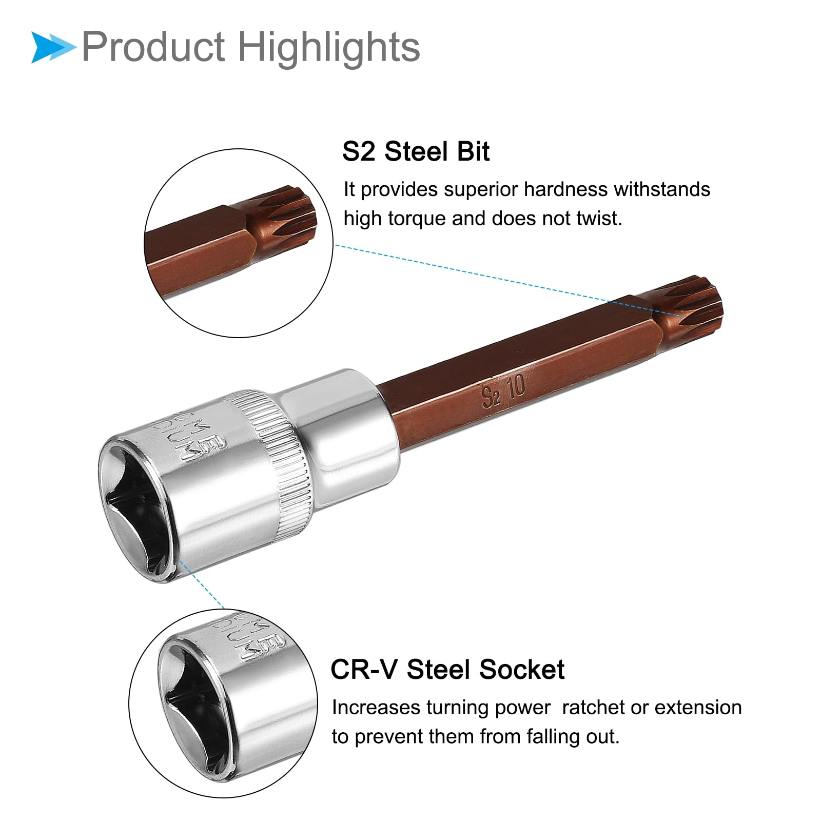 CoCud Triple Square Spline Bit Socket, M10 Bit 1/2-Inch Drive 4" Long, S2 Alloy Steel Heat Treated CR-V Socket - Image 4