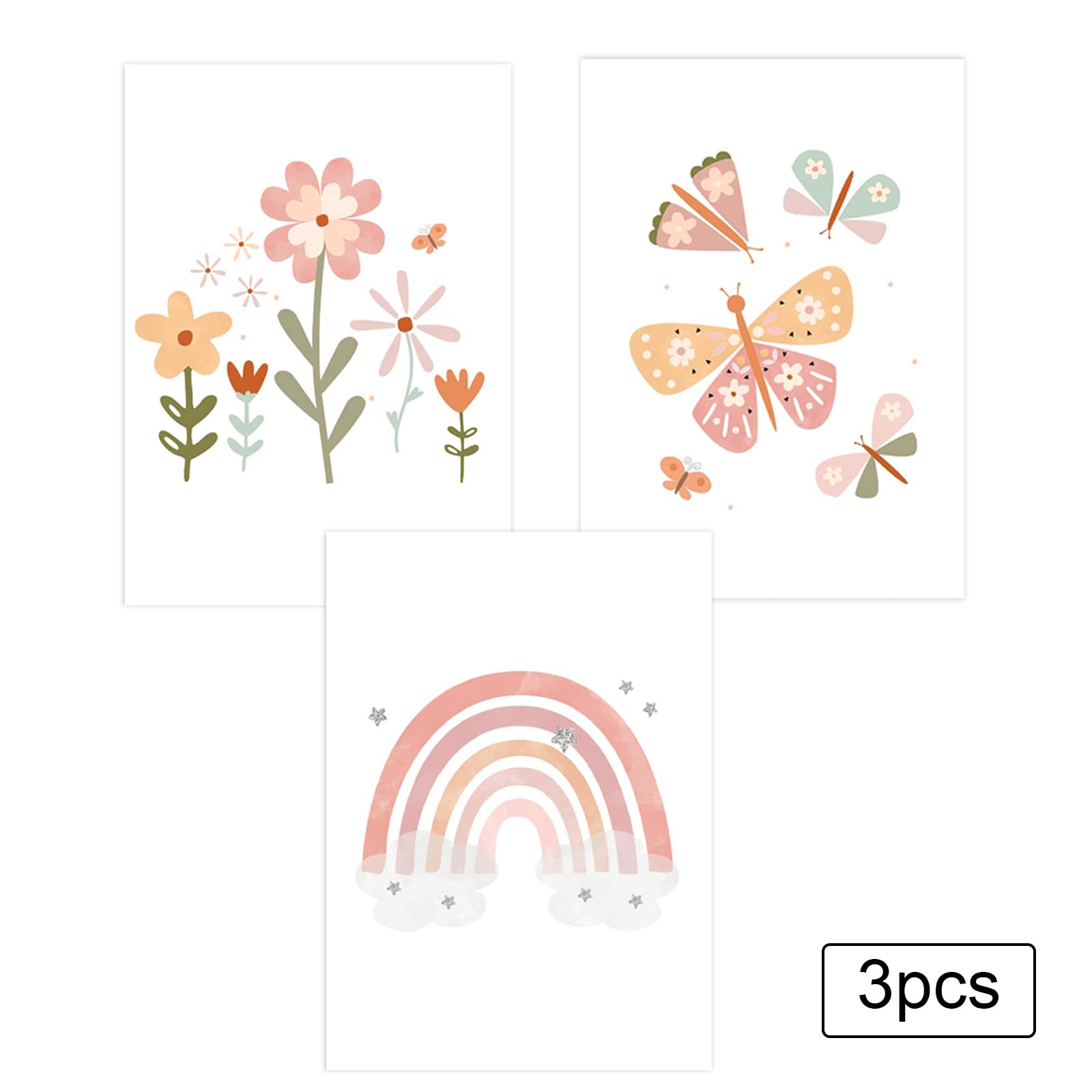 Encuryna Set di 3 Poster Decorativi per Cameretta dei Bambini, Motivo Arcobaleno/Fiore/Farfalla, Senza Cornice, Soggiorno, Camera da letto, Decorazione da Parete per Ragazzi Ragazze (30 x 40cm)