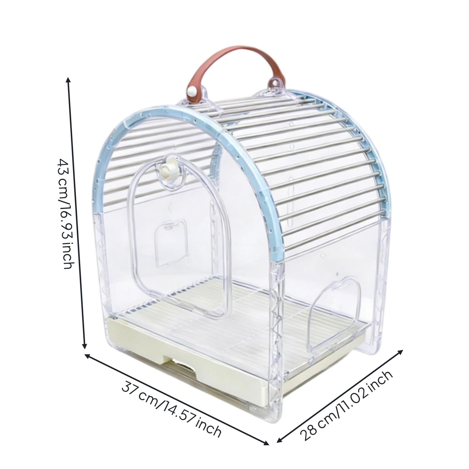Jaula para Pájaros Portátil Jaula Transporte Aves Hábitat Compacto Cúpula Transparente Barras Acero Inoxidable Ventilada con Comederos Laterales y, Azul