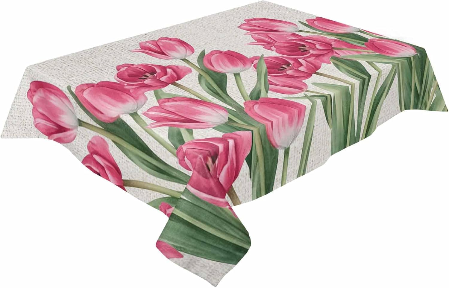Rectangle Spring Flower Tablecloth Waterproof & Stainproof Tablecloths,Vintage Pink Tulip Country Rustic Floral Wipeable Table Cloth Wrinkle-Free for Round/Rectangle/Oval/Square/Dining/Party,52x70