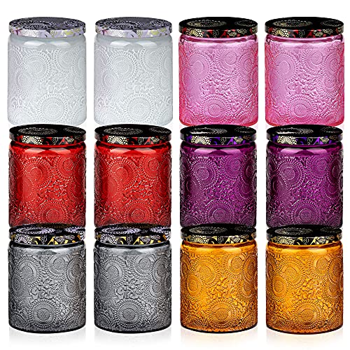 Set of 12 Embossed Glass Candle Jars Containers with tin Lids Candle Warning Labels - 6 Colors -8 oz. Recyclable Candle jar for Candle Making Storage and More