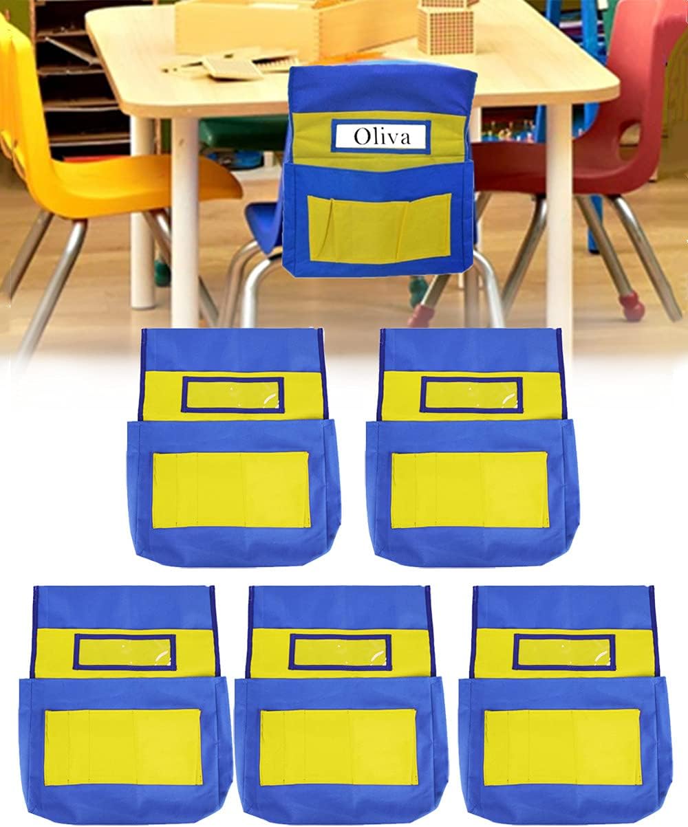 5 Pcs Chairback Buddy Organizer Pockets with Name Tag Slot - Classroom Kids Seat Hanging Storage Bag for Preschool Daycare, With 6 Pockets for Organizing School Supplies
