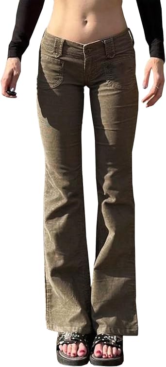 Womens Corduroy Flare Pants Low Rise Vintage Petite Bagyy Bell Bottom Corduroy Trousers with Pockets