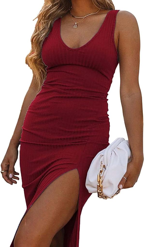Womens Summer Sleeveless V Neck Bodycon Side Slit Ribbed Midi Dresses by Heltapy - Used condition - Image 2