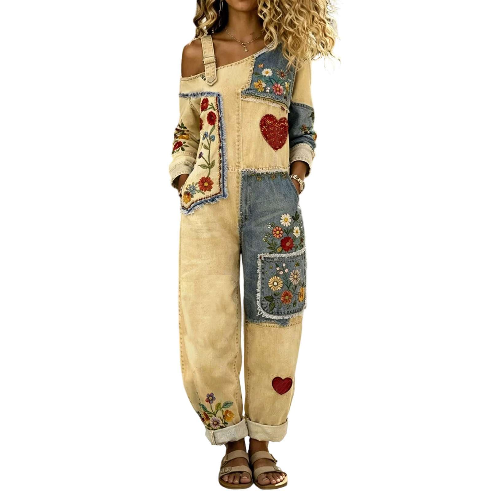 Générique Combinaison Jean Femme une Épaule Chic, Salopette Denim Large avec Broderie Fleurs Patchwork, Pantalon Ample Décontracté avec Poches Bohème Vintage