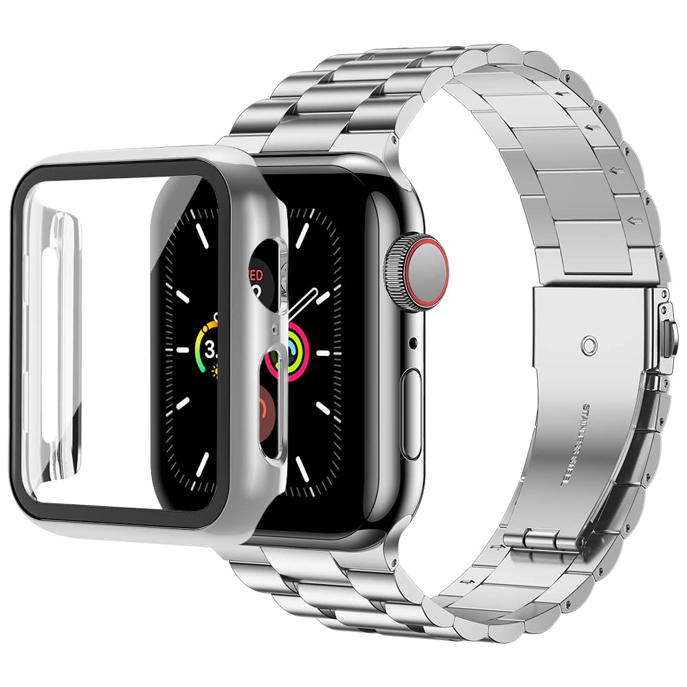 baozai Compatible with Apple Watch Band 45mm with Case, Stainless Steel iWatch Band with Tempered Glass Screen Protector C...