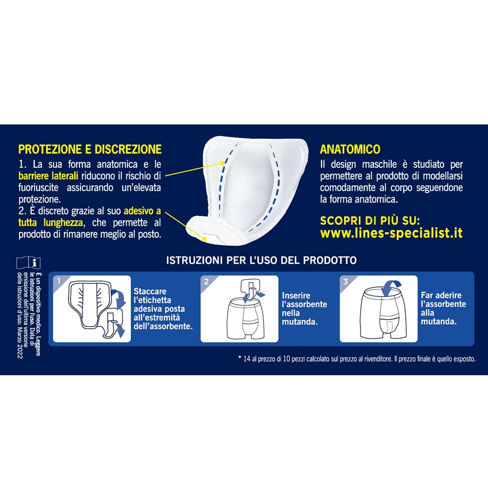 Lines Specialist Compresas masculinas Light Nivel 1, anatómicas y con núcleo controla olores, protección y discreción, 8 paquetes de 14 unidades