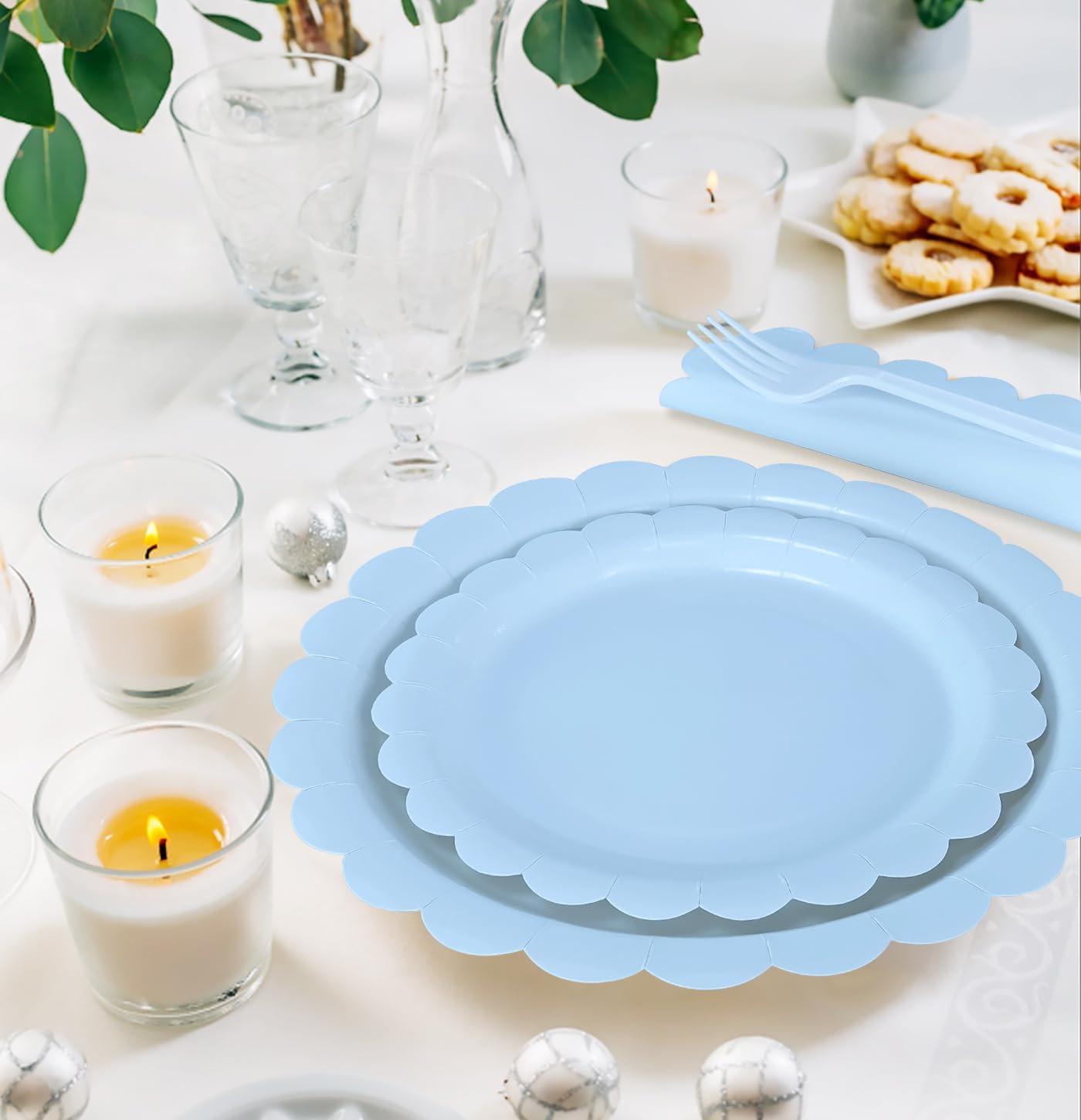 96 Pcs Light Blue Plates and Napkins Party Supplies Serve 24 Guests Including Blue Scalloped Paper Plates and Napkins Plastic Forks for Baby Shower Birthday Party Disposable Dinnerware Set - Image 5