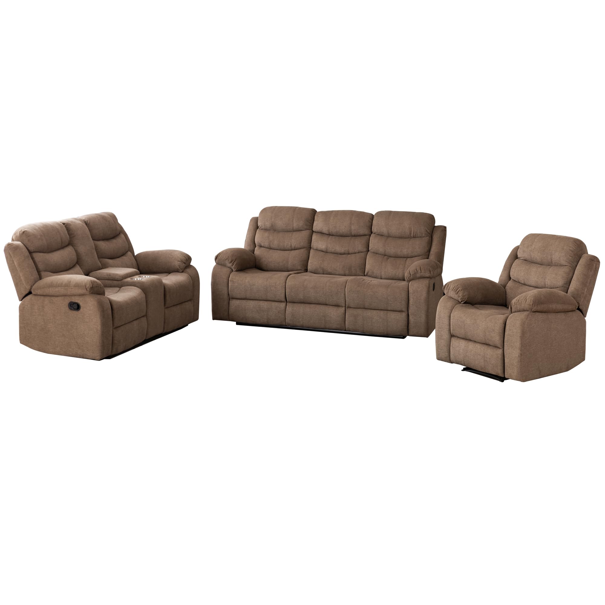 Hybition Fabric Reclining Sofa Set Modern Chair & Loveseat & Sofa Set with Cup Holder, Light Strip, Storage Space-Brown
