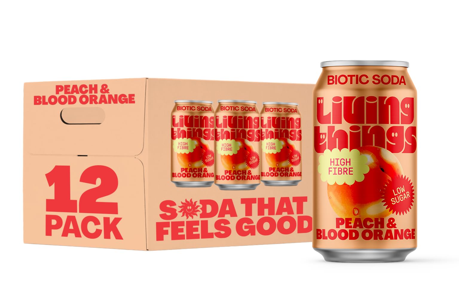 Prebiotic Soda - Gut Health & Low Calorie Drink - 12 x 330ml Cans - High in Fibre - Peach & Blood Orange