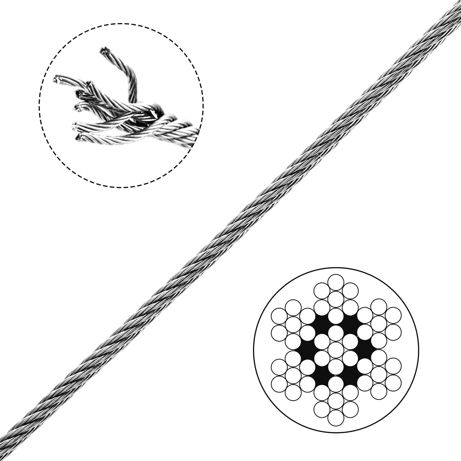 Fune metallica in acciaio inossidabile 304, 100 m, 2 mm, con anello di crimpatura in alluminio, 7 x 7 fili, cavo metallico per giardino, recinzione, sospensione