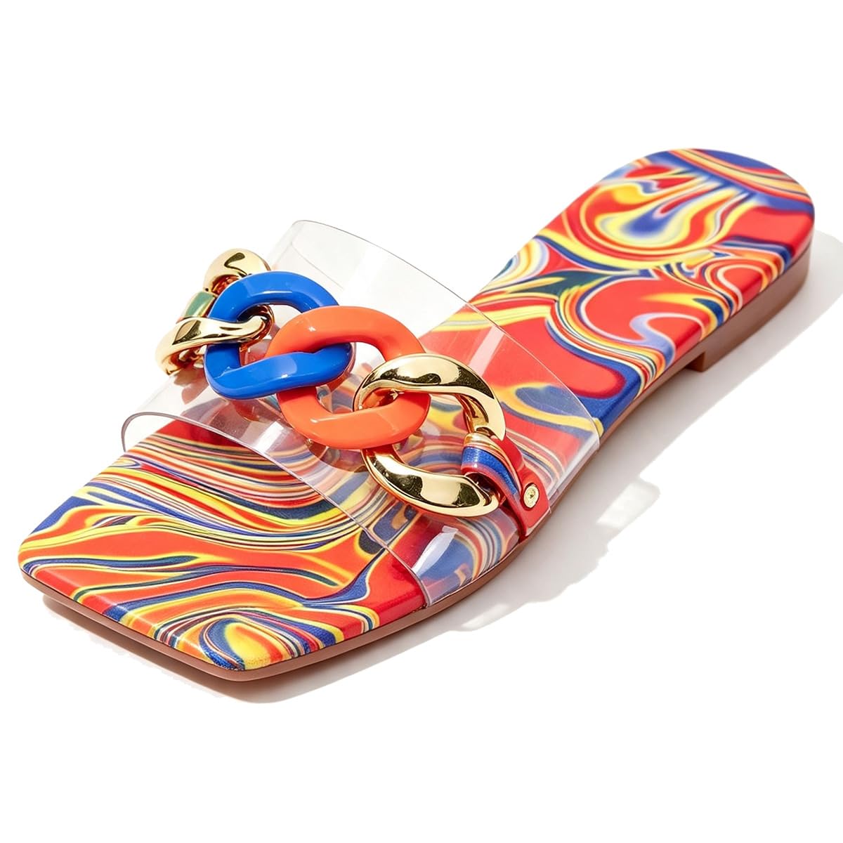 Damen Flache Pantoletten mit Eckiger Spitze und Kette | Lackoptik,bunte Kette,Gummisohle,offene Ferse,Urlaub,Strand