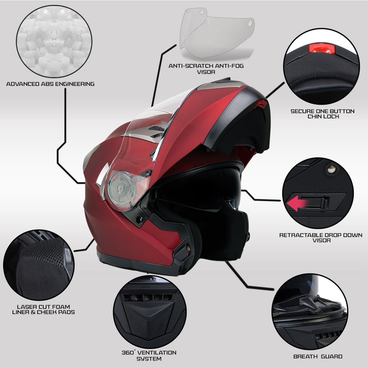 Milwaukee Helmets MPH9826DOT Ionized Flat Red Advanced Motorcycle Modular Helmet w/Drop Down Visor - X-Large