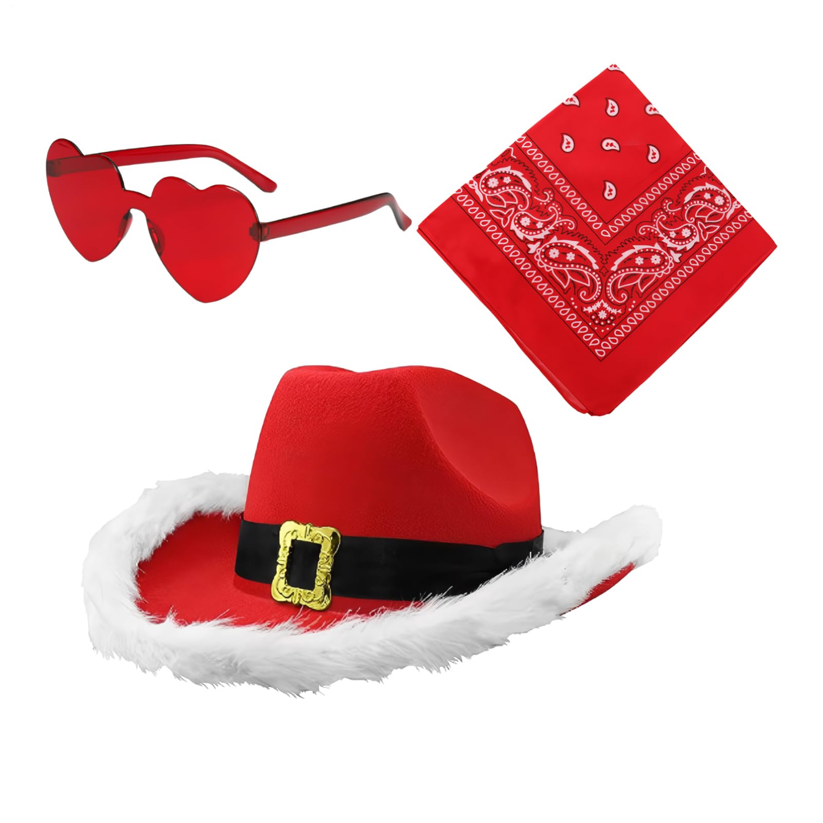 Juego de sombreros de vaquero de Navidad, juego de sombreros de vaquero de Papá Noel - Sombrero occidental Sombrero de vaquero | 3 gafas de vaquera con pañuelo vintage, gafas en forma de corazón