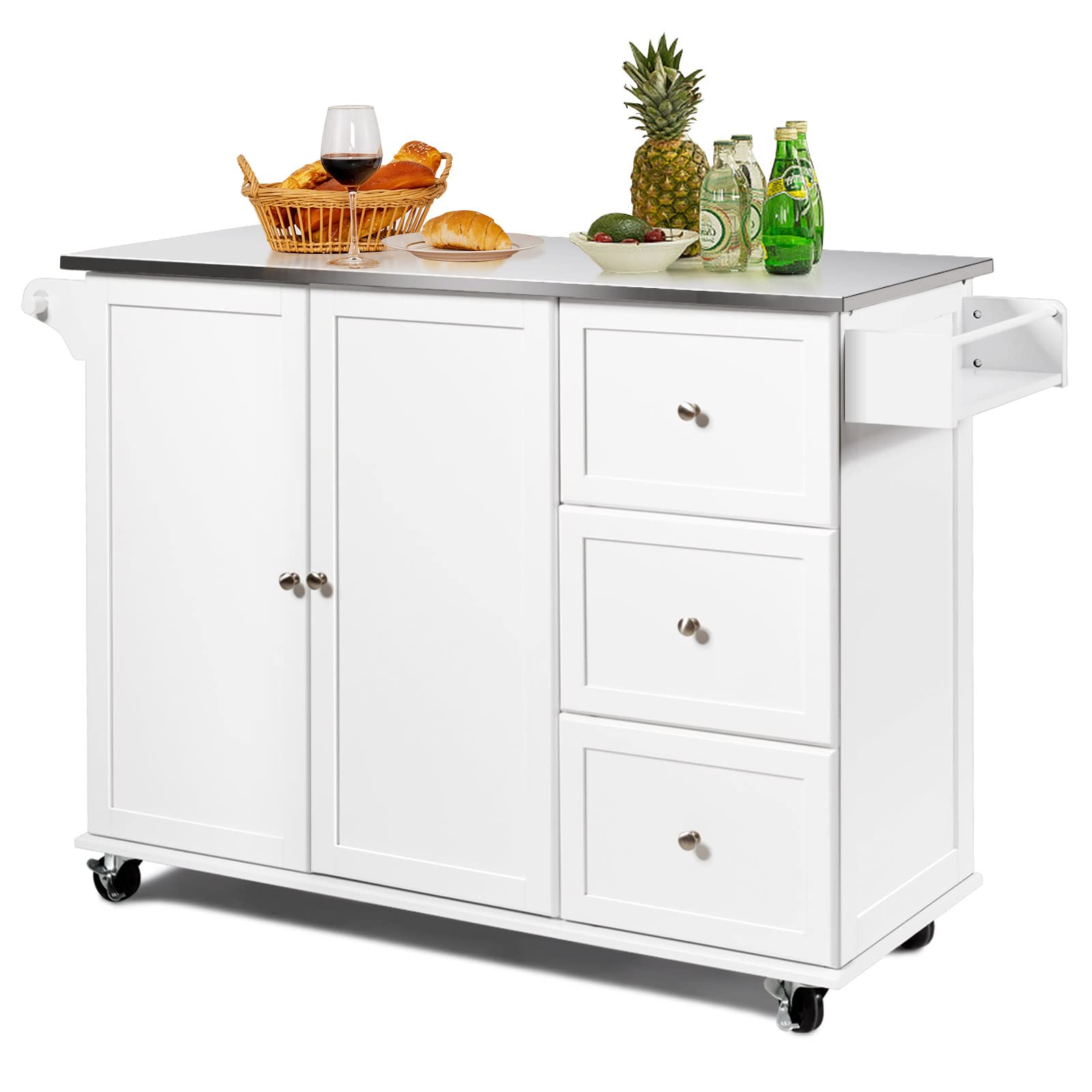 COSTWAY Carrito de Cocina, Carrito de Servicio Móvil con 3 Cajones, Carrito de Isla de Cocina con Encimera de Acero Inoxidable, Armario de 2 Puertas, Toallero y Especiero (Blanco)