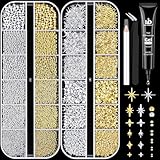 2640Pcs 3D Star Nail Charms, Gold & Silver Metallic Nail Art Gems and Mini Round Caviar Nail Beads, Nail Craft Decoration Jewels Accessories with Tweezers, Pick-up Pencil and 15ml Nail Rhinestone Glue