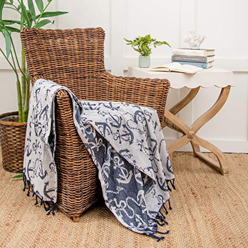 C&F Home Chenille Anchor Nautical Throw Blanket Sailing Reversible Handcrafted Throw With Fringe Cotton Soft Cozy For Couch Sofa 50X60 Inches Blue, Navy, Navy Blue, White #TOP3