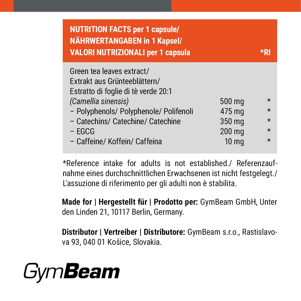 GymBeam Tè Verde - 500 mg - Integratore Naturale in Capsule con EGCG e Caffeina, Estratto 20:1 per Metabolismo, Controllo del Peso e Energia (120 cps)