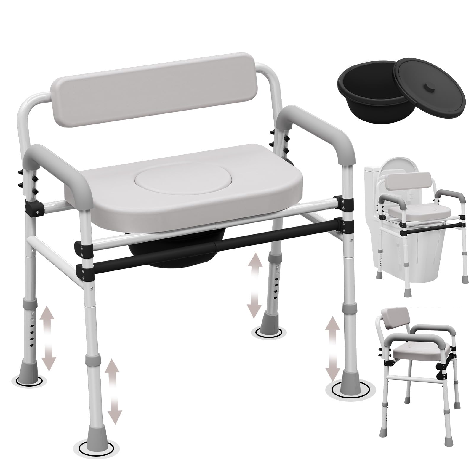 Adjustable Medical Bedside Commode Chair with Padded Backrest, Arm Support, Height Adjustable?Gray