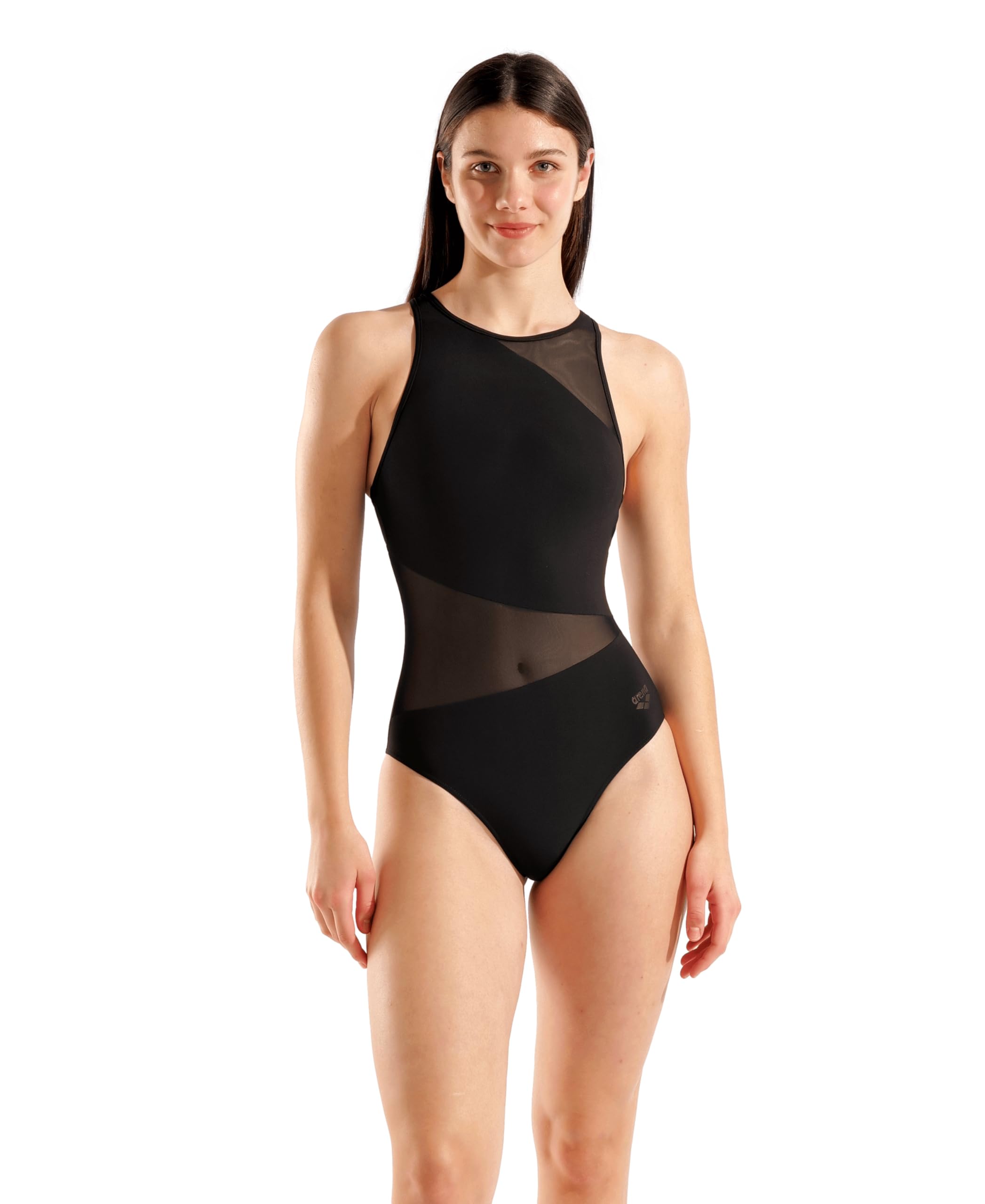 Arena Women's Black Feel Mesh Panels Angle Vent Back Sporty Bathing Swimsuit