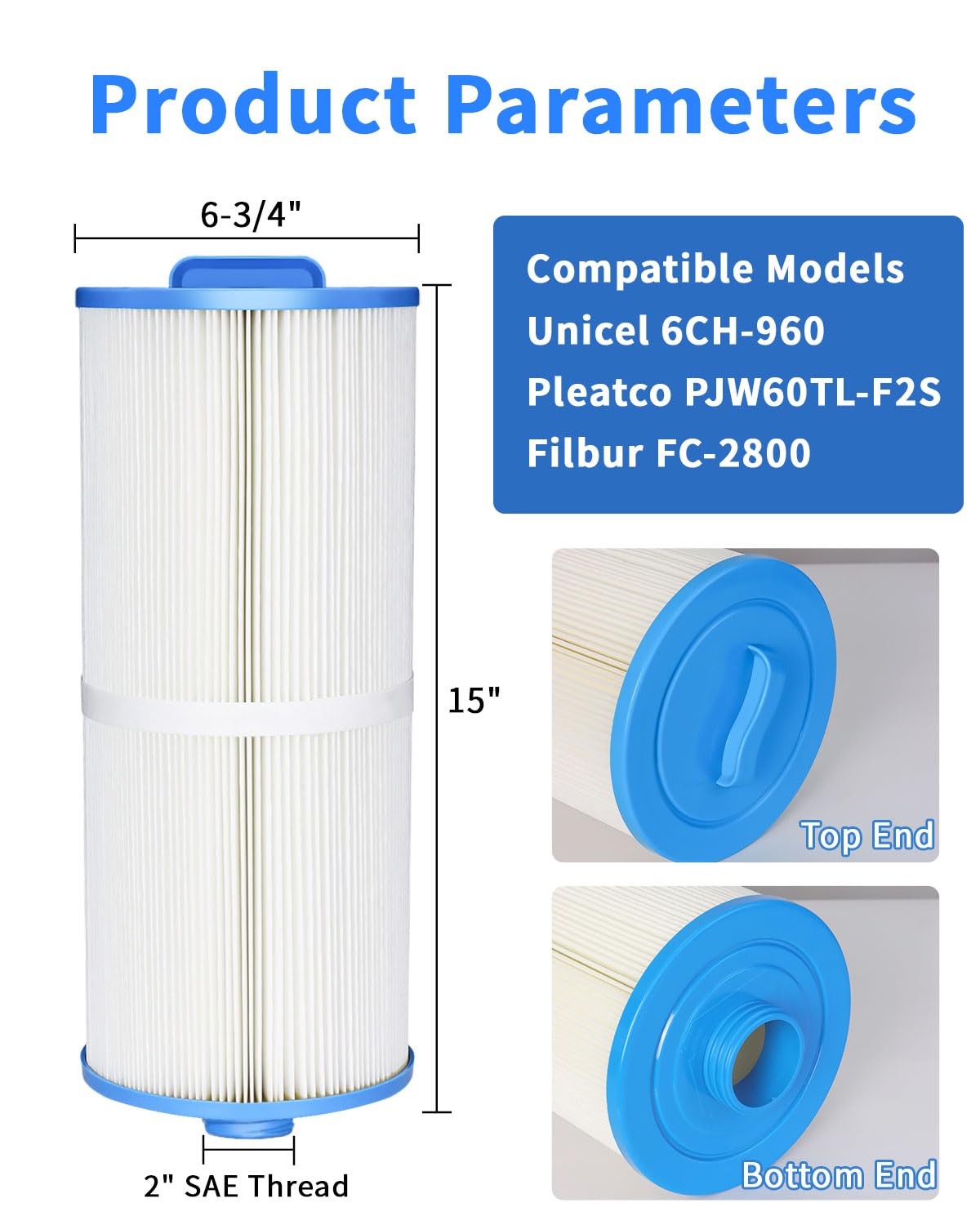 6CH-960 Spa Filter Replaces for Jacuzzi Filters J-300, J400, for Filbur FC-2800, 6540-476, 6540-383, Compatible with PJW60TL-F2S, Hot Tub Filter with Closed Handle(Not be Removed) (2 Pack)