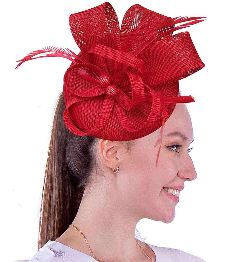 Biruil Women's Fascinator Hat Fake Sinamay Feather Tea Party Pillbox Flower Derby Church Hat