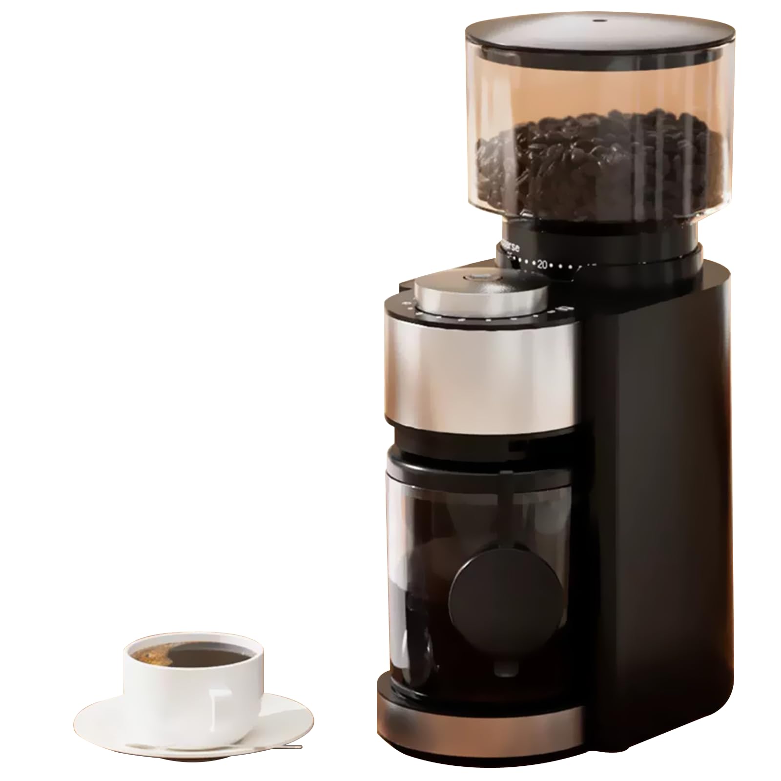 Młynek żarnowy do ziaren kawy ze stali nierdzewnej, młynek do kawy 250 gramów, inteligentne pokrętło dozujące, 25 ustawień grubości, do espresso/Drip/French Press/American Coffee black