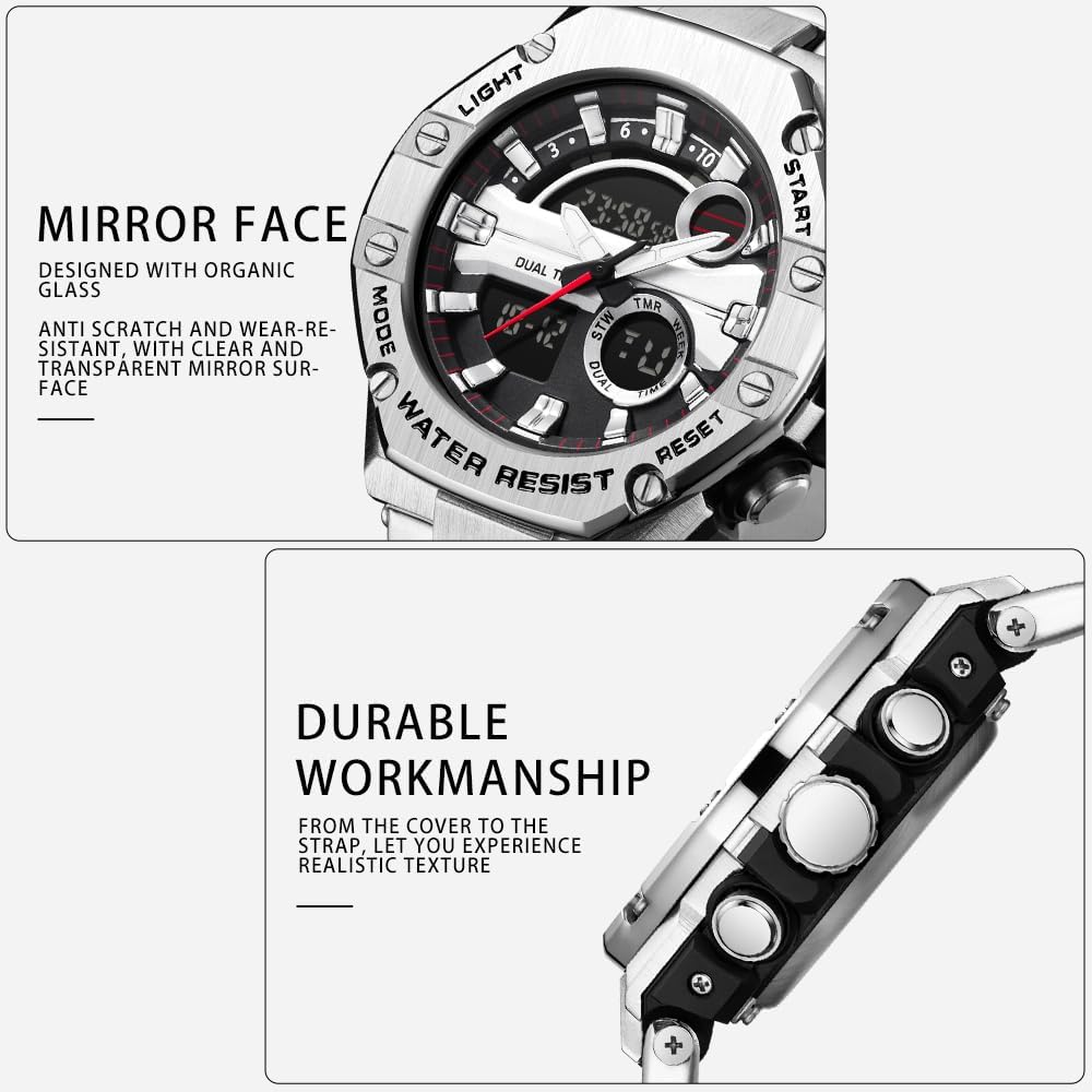 findtime Montre de sport militaire pour homme - Montre numérique étanche - Bracelet en acier inoxydable - Montre robuste avec rétroéclairage LED - Alarme et chronomètre