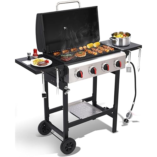 4 Burner Gas Grills Outdoor Cooking Propane Gas Grill BBQ Grill Portable Barbecue Grills with Cast Iron Grate, Pan and Folding Side Table 40000 BTU Output Easy-Clean