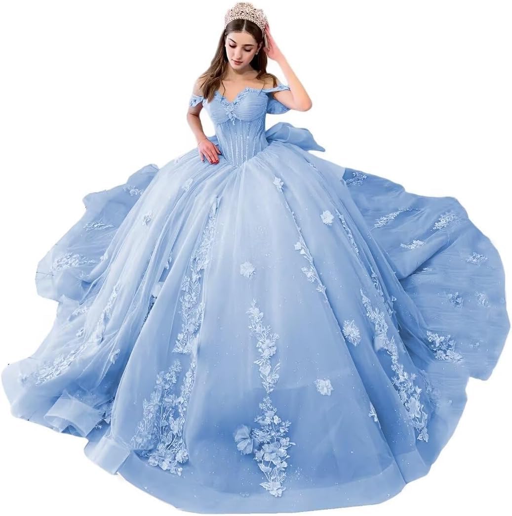 Yifanier Sweetheart Ball Gown Tulle Lace Dress 3D Flower Quinceanera Dress Off Shoulder 15 16 Quinceanera Dress MT011 Sky Blue