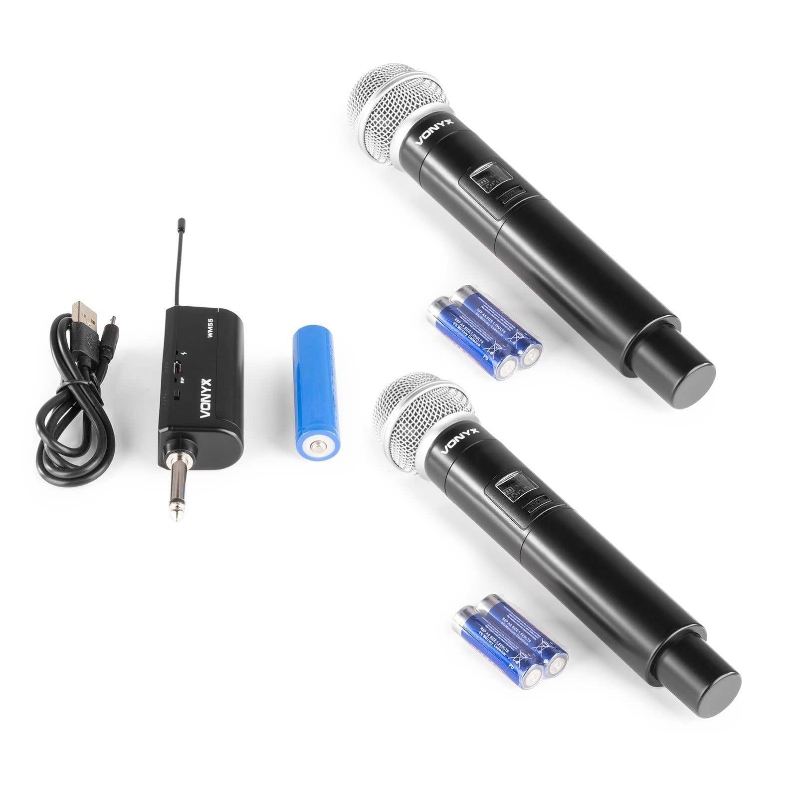 Vonyx WM552 Set de 2 Micrófonos Inalámbricos Duales con Receptor UHF, Conector de Altavoz, Recargable por USB, 10 Canales seleccionables, Silencio Automático, Micro para Cantar, Microfono Reuniones