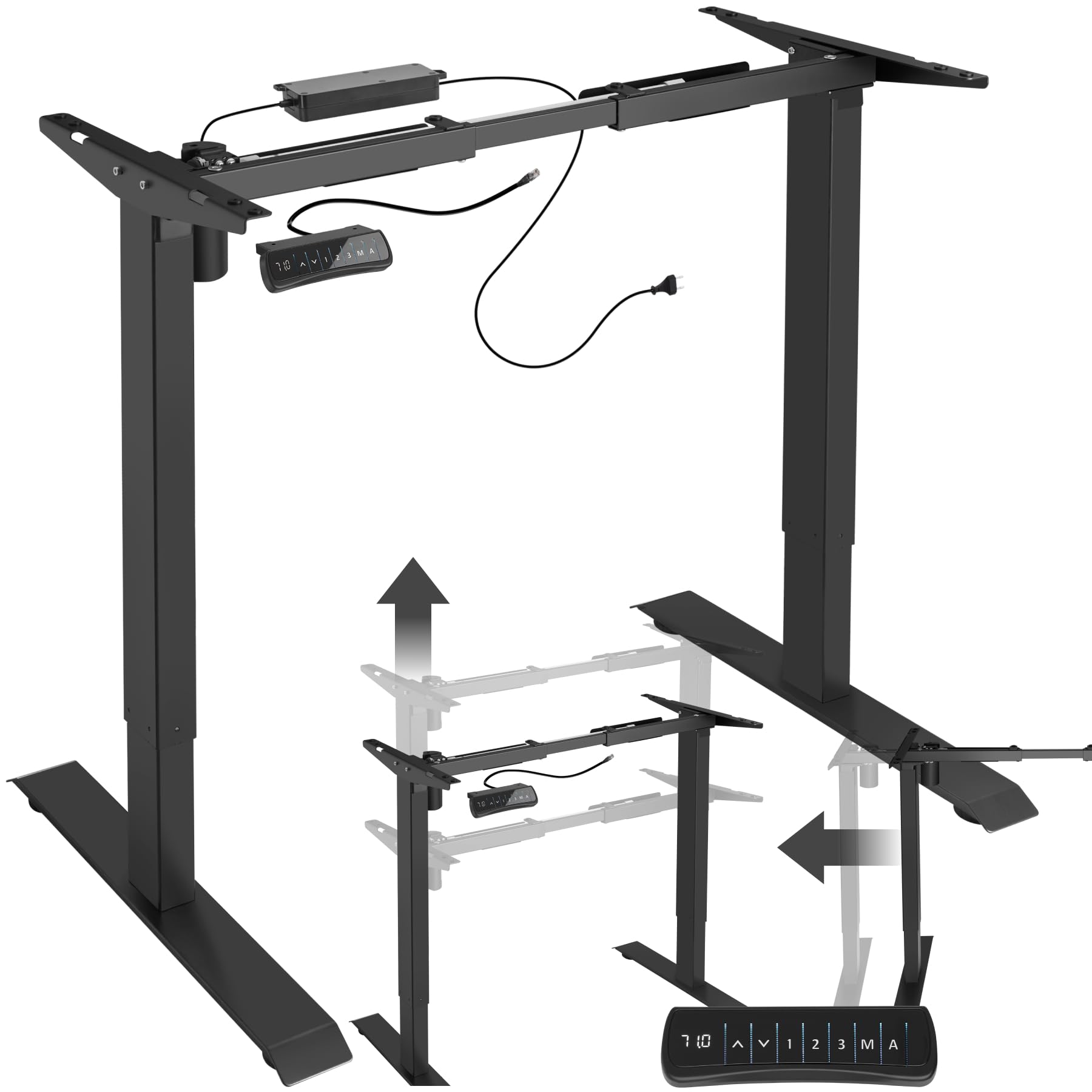 tectake® Telaio per Scrivania Regolabile in Altezza, 85-129 x 65 x 71-121 cm, portata max 70 kg, motore elettrico potente 40W, funzione memoria, in acciaio, Tavolo Ufficio, Scrivania Gaming - Nero
