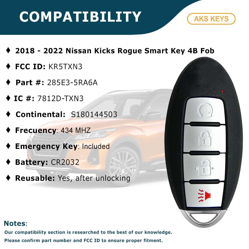 AKS KEYS Replacement for Nissan Nissan Smart Key 4 Buttons Fob That Uses FCC# KR5TXN3 and Part Number 285E3-5RA6A Compatible with 2018-2022 Kicks and 2019-2022 Rogue (2)