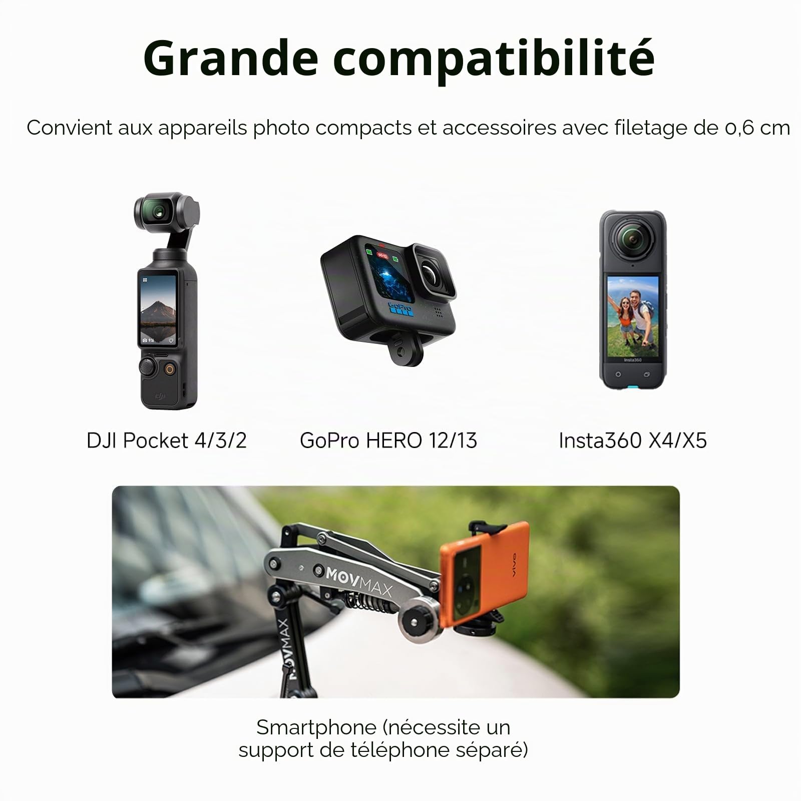 Vaxis Global Movmax Bras de Lame pour DJI Pocket 3, Insta 360 et GoPro Hero 12 avec Technologie N2 Arm
