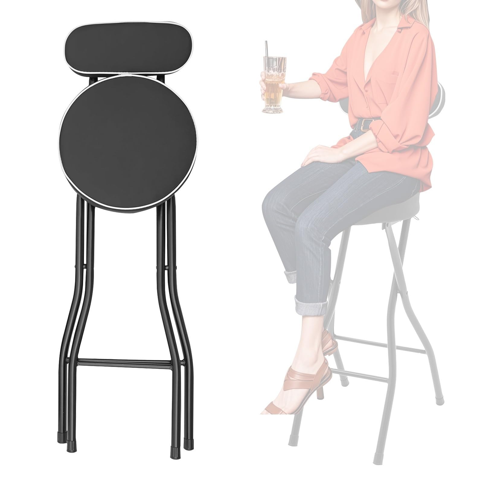 Taburete Plegable Alto De Metal, Silla De Altura De Mostrador Con Respaldo, Taburete Alto De Cocina, 55/60/65/70/75cm De Alto, Silla De Comedor Portátil, Para Cocina Bistró Bar Salón(Black,H60cm)