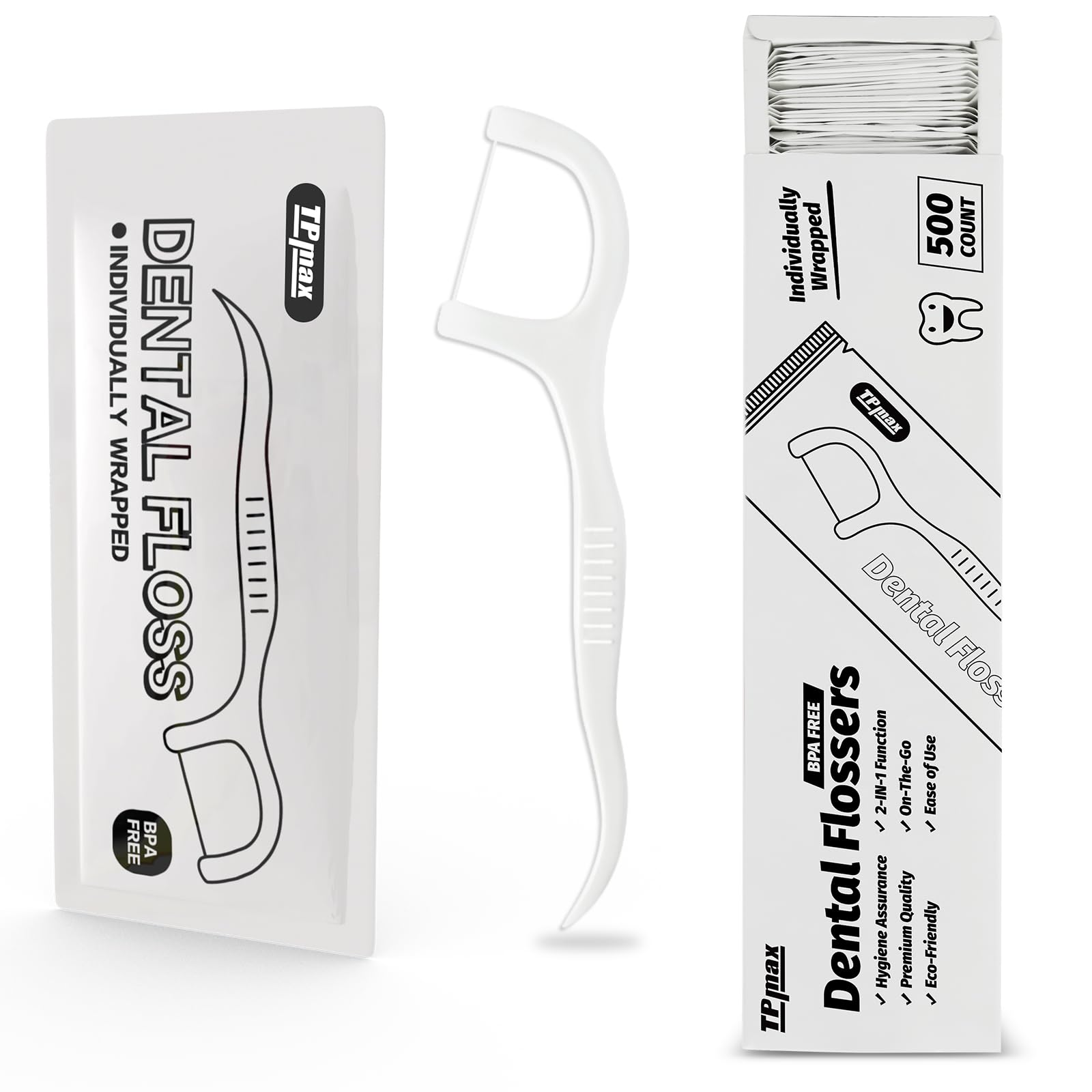TPmax Zahnseide, Dentalflosse, 500 Stück (einzeln verpackt), Geschmacklos, Flachdraht, Mundpflege, Zahnreinigung, Ideal für Reisen, Büro, Auto, Hotel, Restaurant