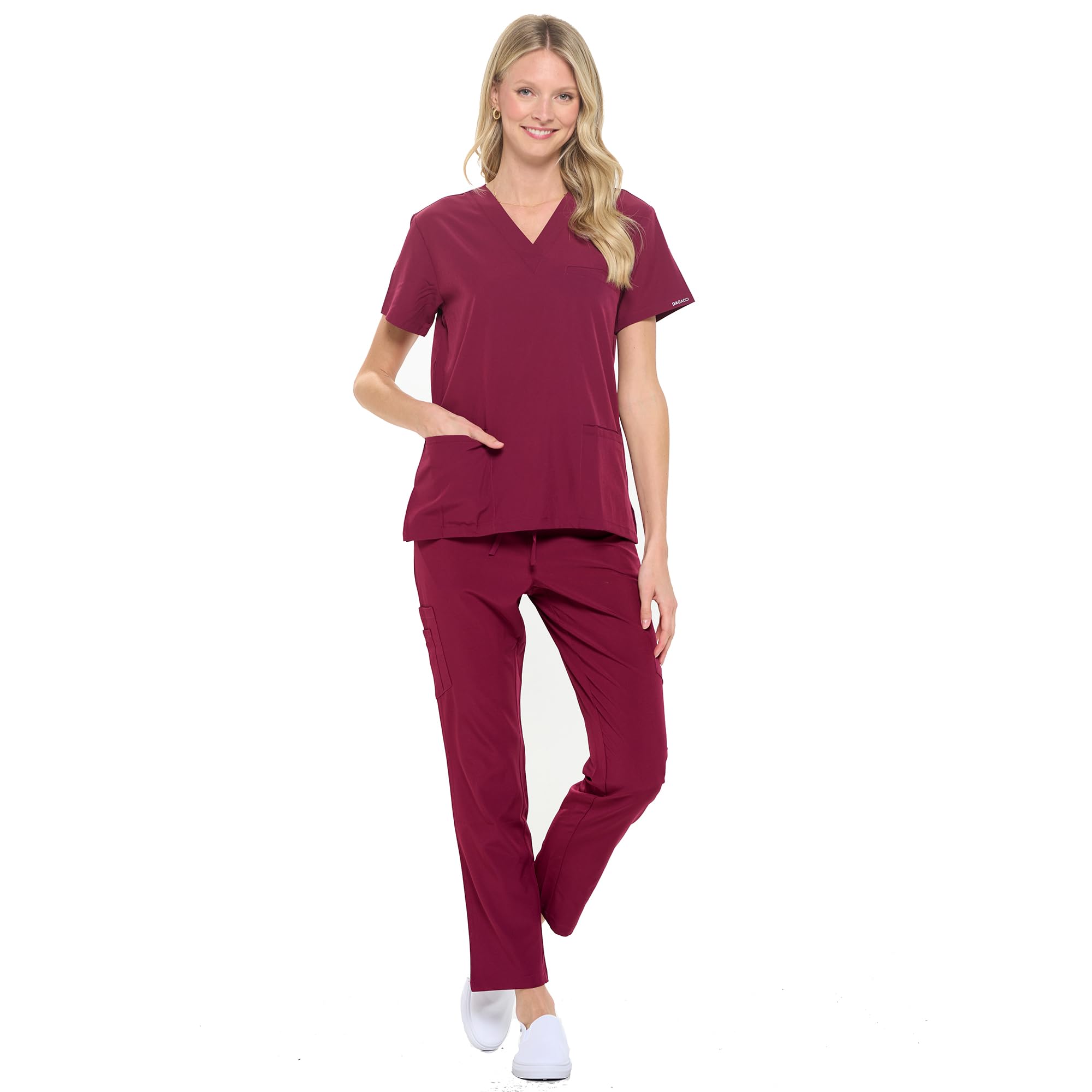 DAGACCIDagacci Medical Uniform Unisex 4-Way Stretch Scrubs Set Medical Scrubs Top and Pants Burgundy L