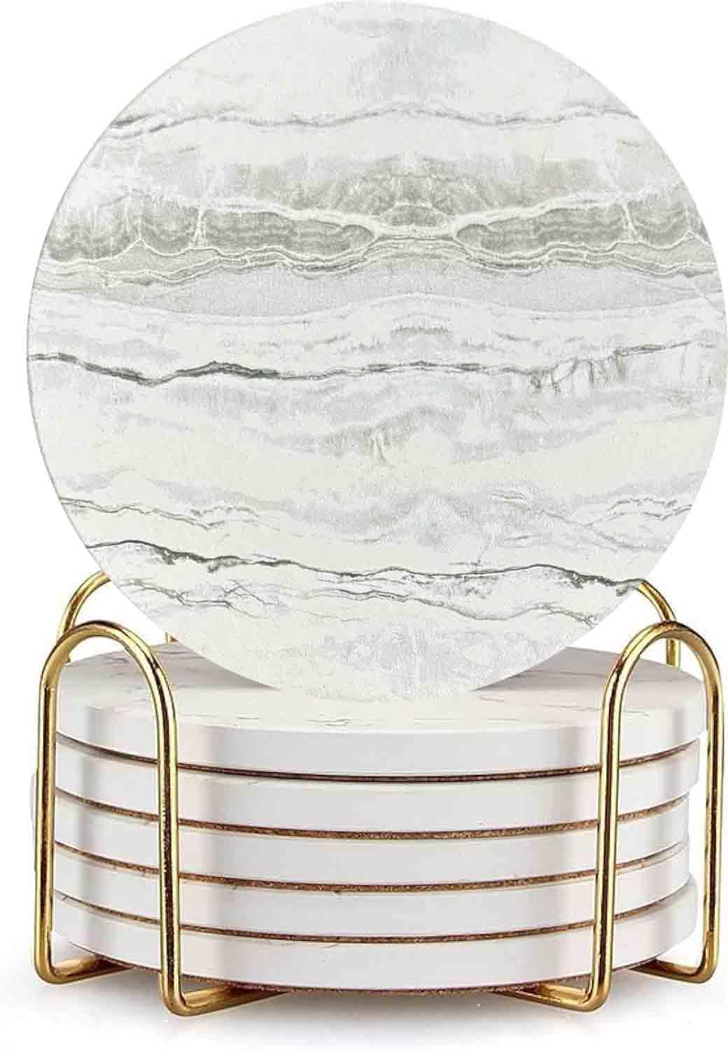 Onderzetters met houder 6 stuks, keramische onderzetters in marmerstijl, absorberende abstracte onderzetterset, 4 inch bekermat voor elke beker, thuis, woonkamerdecoratie, tafelbladbescherming voor