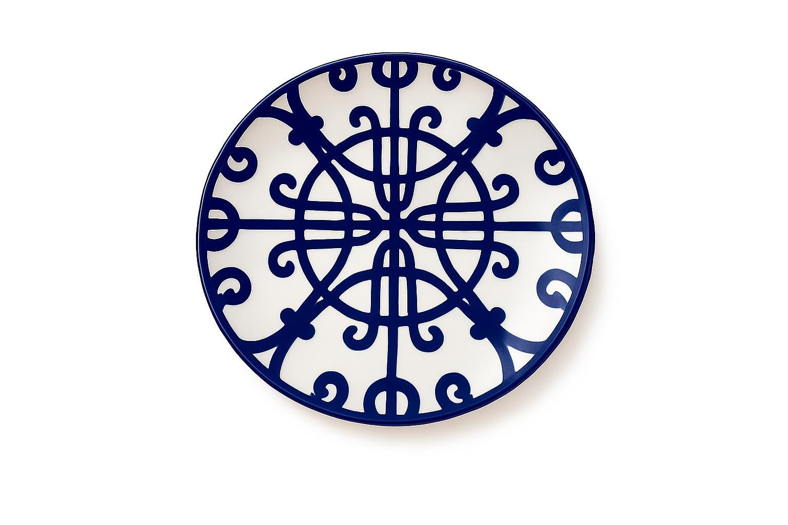 Service à Dessert ou Petit-Déjeuner 12 Pièces en Porcelaine Élégante, 6 Assiettes 16,5 cm + 6 Tasses avec Sous-Tasses 350ml, Motif Arabesques Bleues sur Fond Blanc.