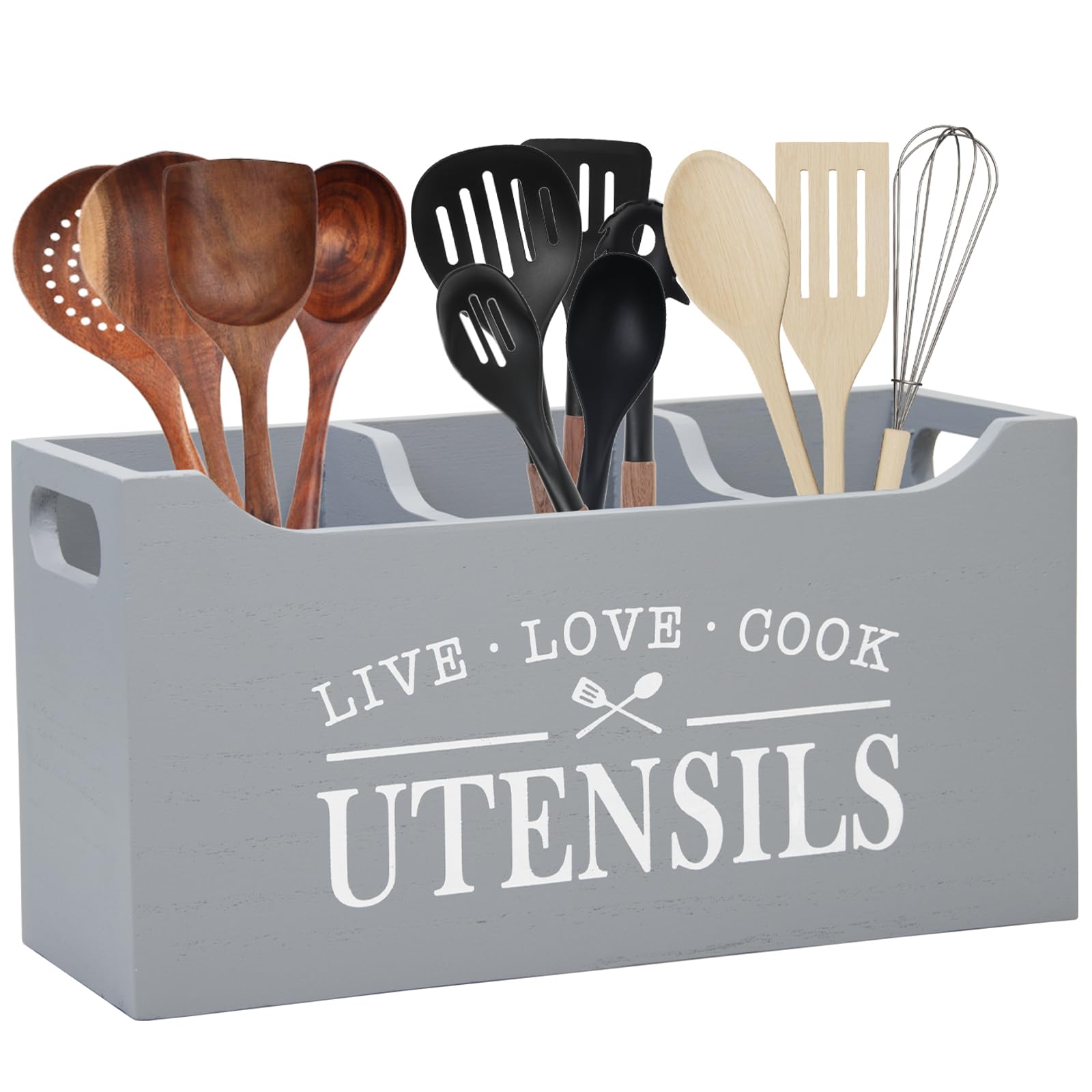 Karisky Kitchen Utensil Holder, Large 3 Compartments Solid Wood Utensil Organizer for Kitchen Counter, Cooking Tools Storage for Countertop, Gray