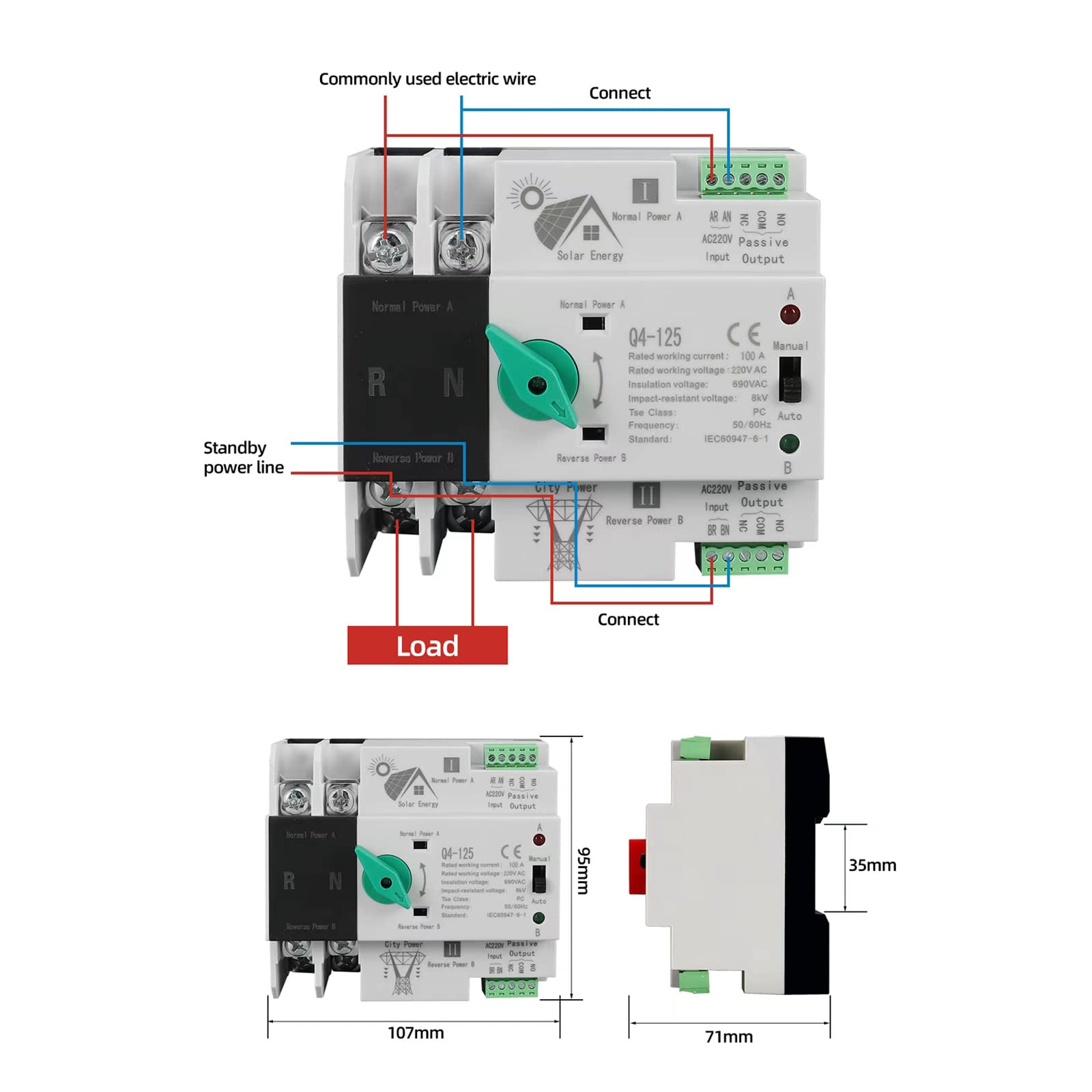 Automatischer Transferschalter, 2P 100A 230V, Automatic Dual-Power-Umschalter, Switch G2R Transfer Switch, Hutschiene Notstrom Netz Umschalter Netzumschalter für Strom, USV, Wechselrichter, Solar