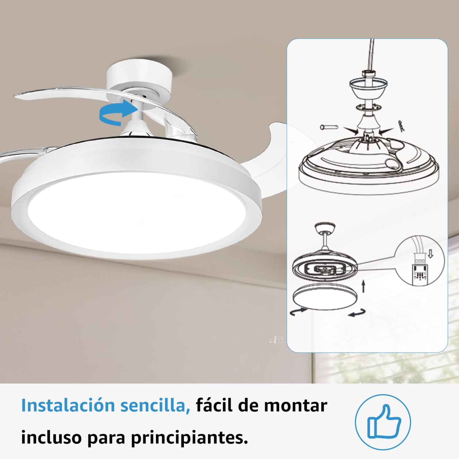 Aigostar Ventilador de Techo LED de 50W 5300LM, Aspas Retráctiles, CCT 2700K-6500K y Brillo Ajustable, con Control Remoto y Función Verano e Invierno(Blanco)
