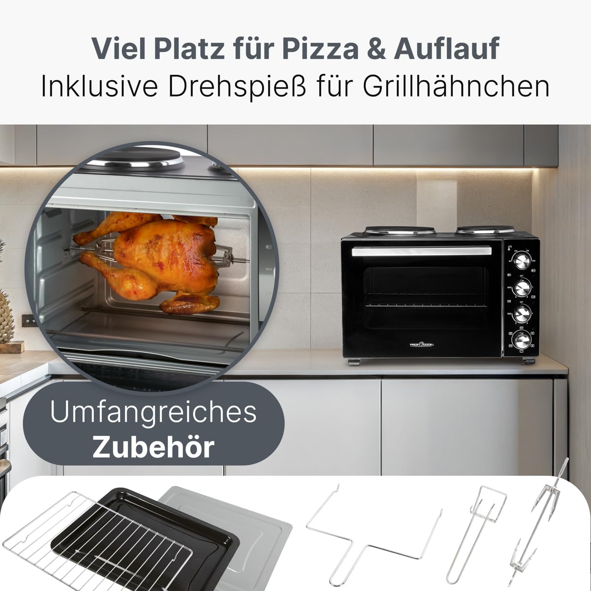ProfiCook Minibackofen mit Kochplatten und Drehspieß | 32L | Umluft, Oberhitze, Unterhitze, Drehspieß | Kochen und Backen gleichzeitig | Backofen klein | Mini Backofen mit Umluft | PC KK 1302